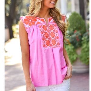 J.Marie Pink Split Neck Floral Embroidered Top Sz XS